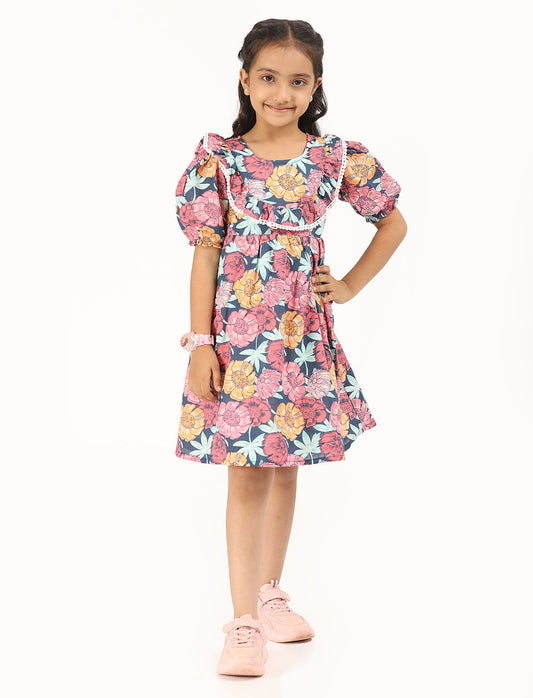 Zion Cotton Puff Sleeves Floral printed Halfmoon Yoke Dress - Navy