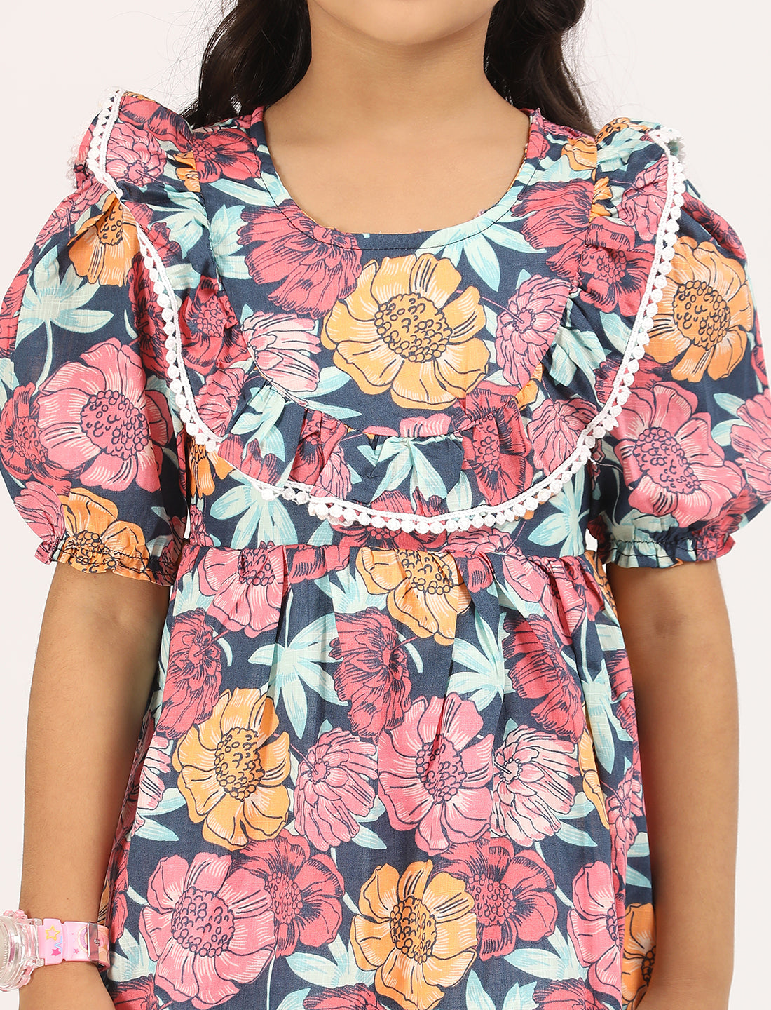 Zion Cotton Puff Sleeves Floral printed Halfmoon Yoke Dress - Navy