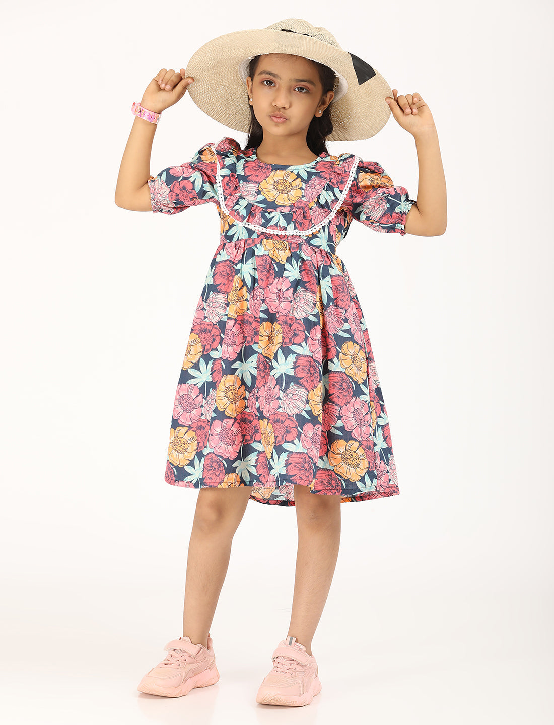 Zion Cotton Puff Sleeves Floral printed Halfmoon Yoke Dress - Navy