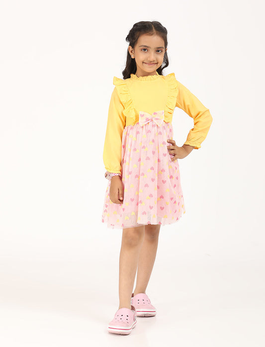 Zion Full Sleeves Party wear Dress with Solid Bodice & Printed Bottom Fit and Flare - Yellow