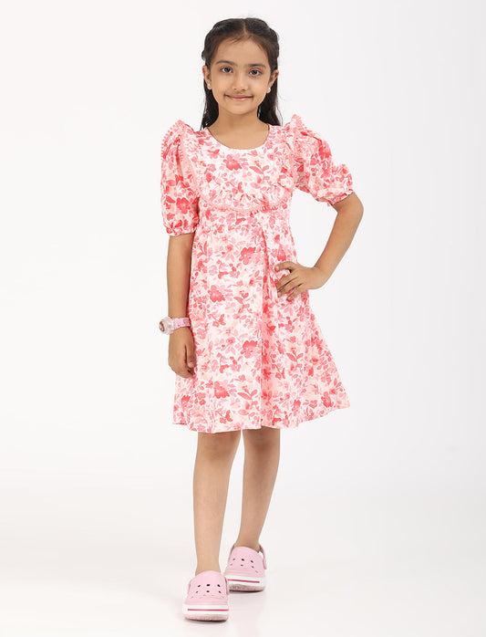 Zion Cotton Puff Sleeves Floral Printed Halfmoon Yoke Dress - Pink