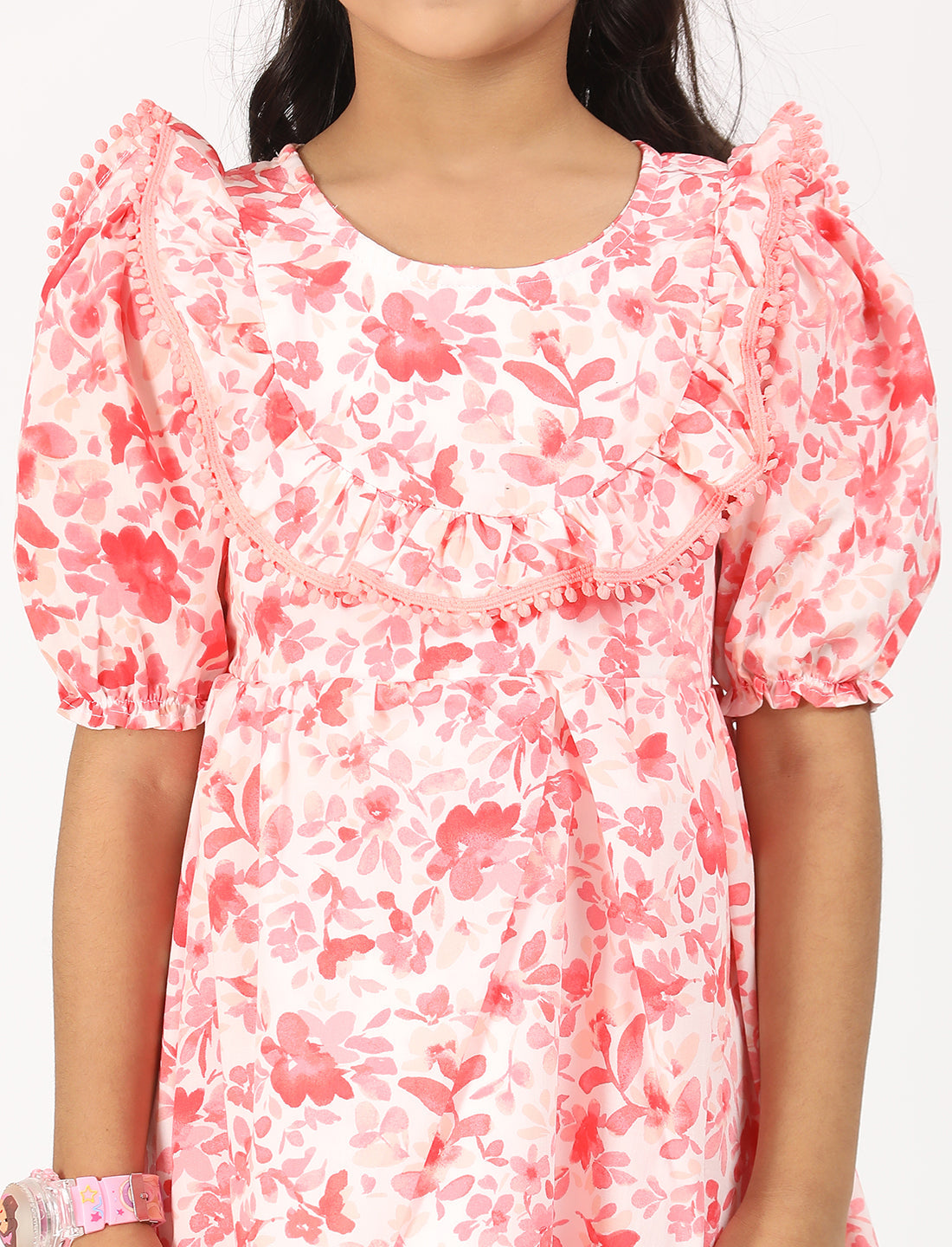 Zion Cotton Puff Sleeves Floral Printed Halfmoon Yoke Dress - Pink
