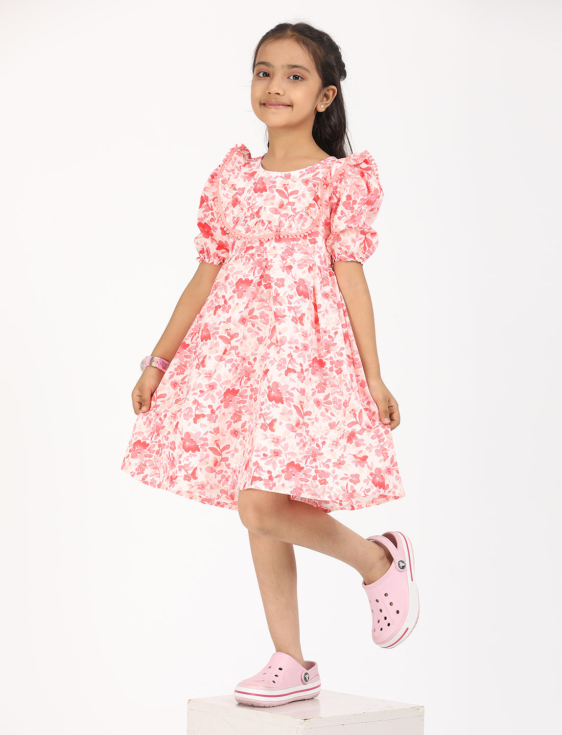 Zion Cotton Puff Sleeves Floral Printed Halfmoon Yoke Dress - Pink
