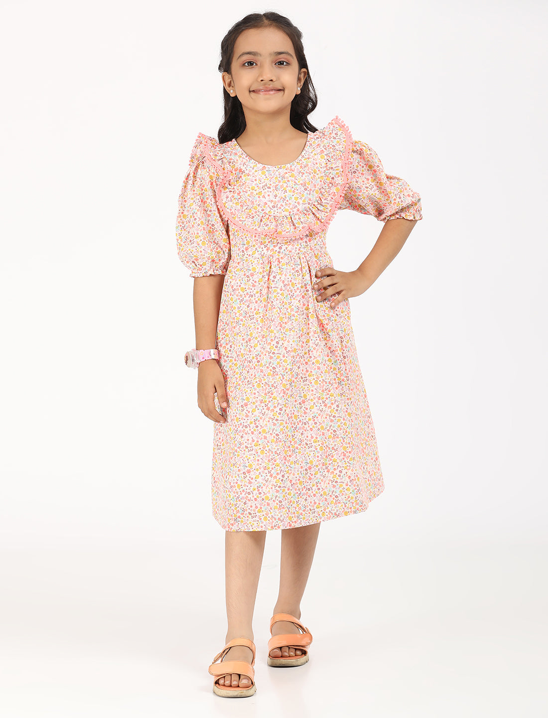 Zion Cotton Puff Sleeves Ditsy Printed Halfmoon Yoke Dress - Peach