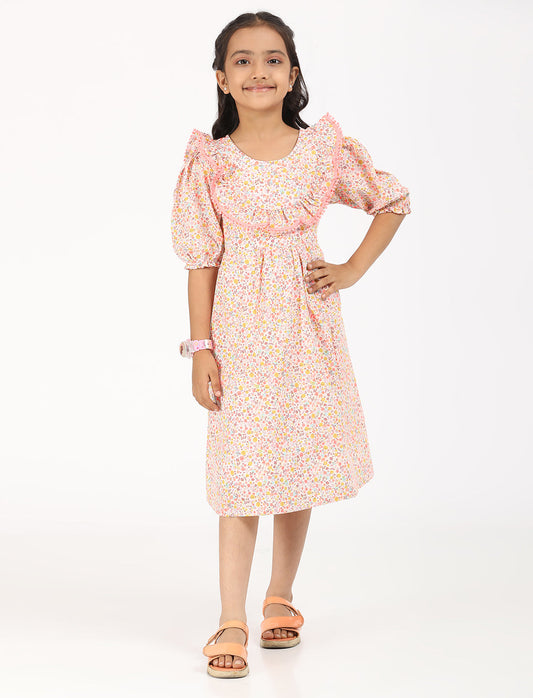 Zion Cotton Puff Sleeves Ditsy Printed Halfmoon Yoke Dress - Peach