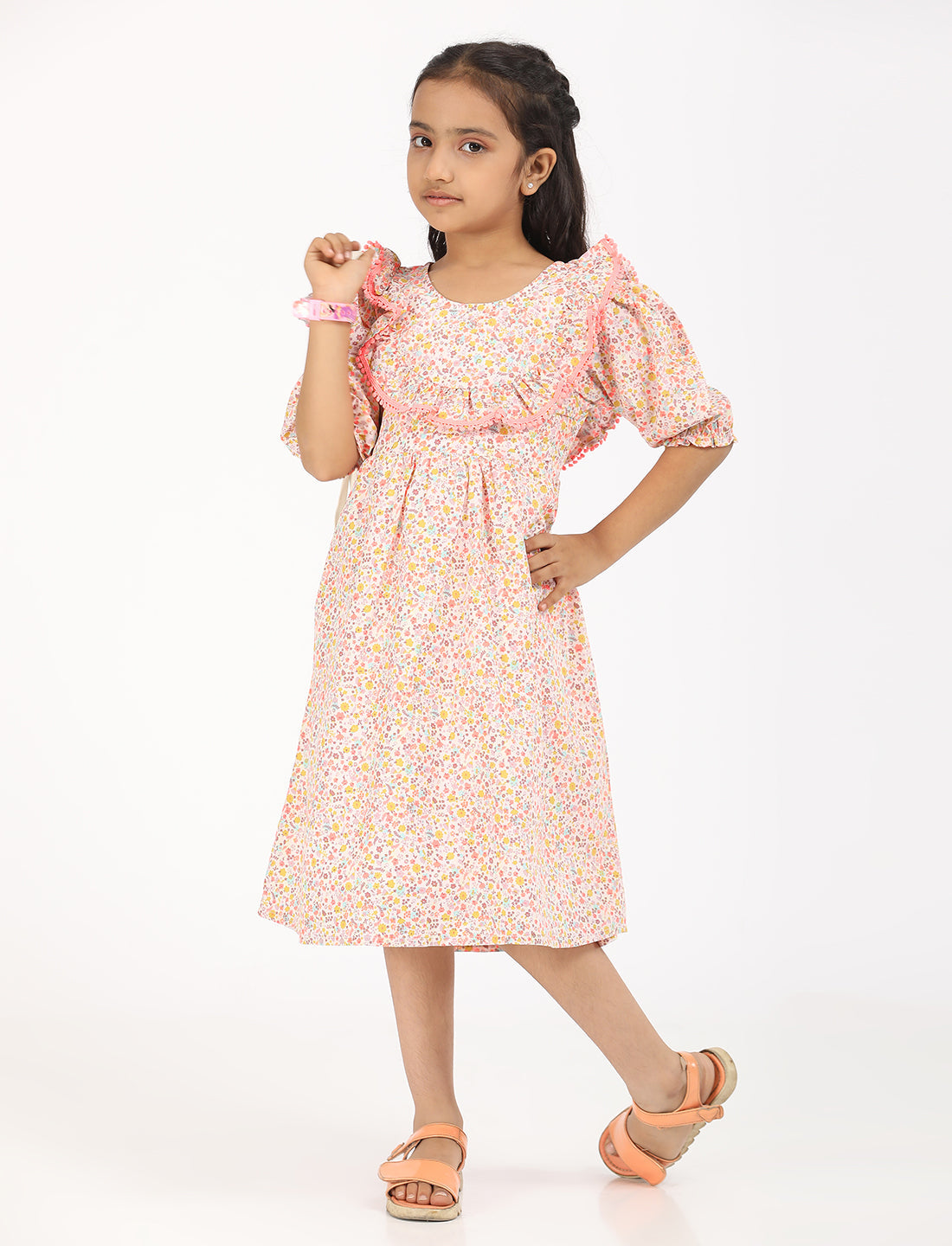 Zion Cotton Puff Sleeves Ditsy Printed Halfmoon Yoke Dress - Peach