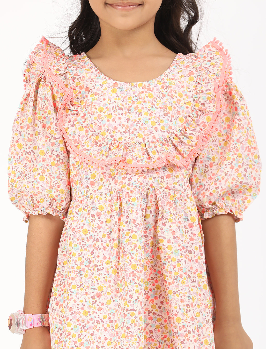 Zion Cotton Puff Sleeves Ditsy Printed Halfmoon Yoke Dress - Peach