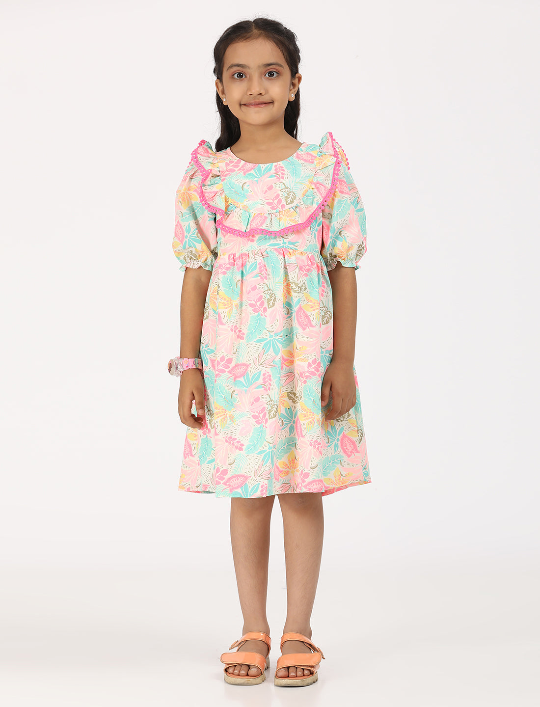 Zion Cotton Puff Sleeves Floral Printed Halfmoon Yoke Dress - Off White