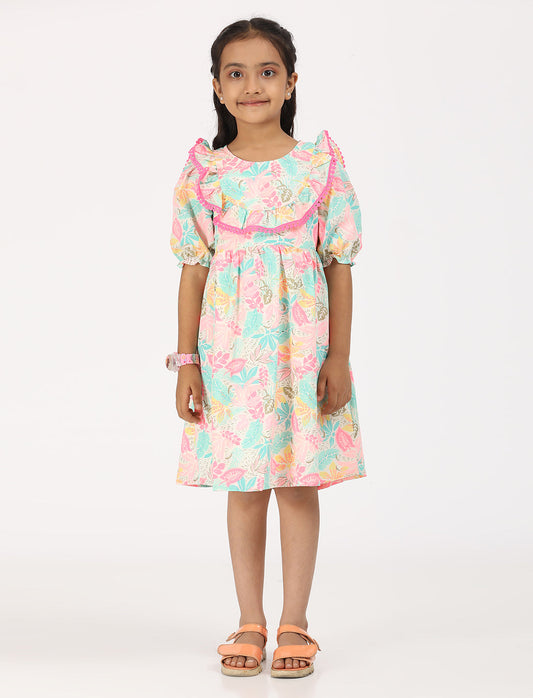Zion Cotton Puff Sleeves Floral Printed Halfmoon Yoke Dress - Off White