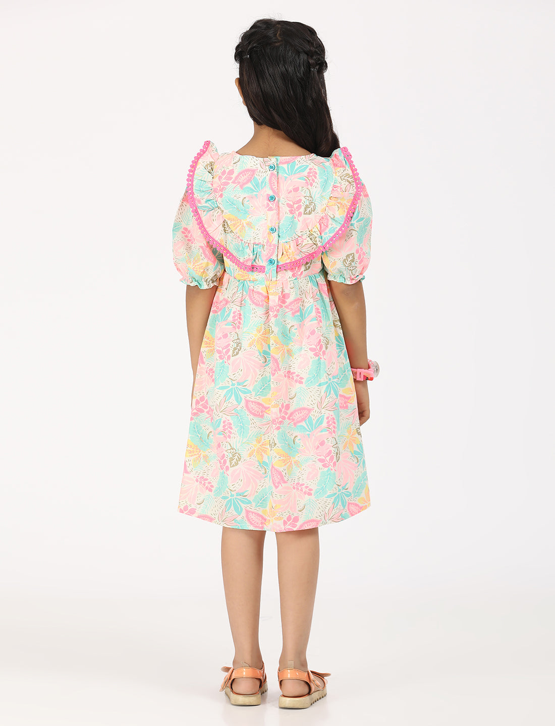 Zion Cotton Puff Sleeves Floral Printed Halfmoon Yoke Dress - Off White