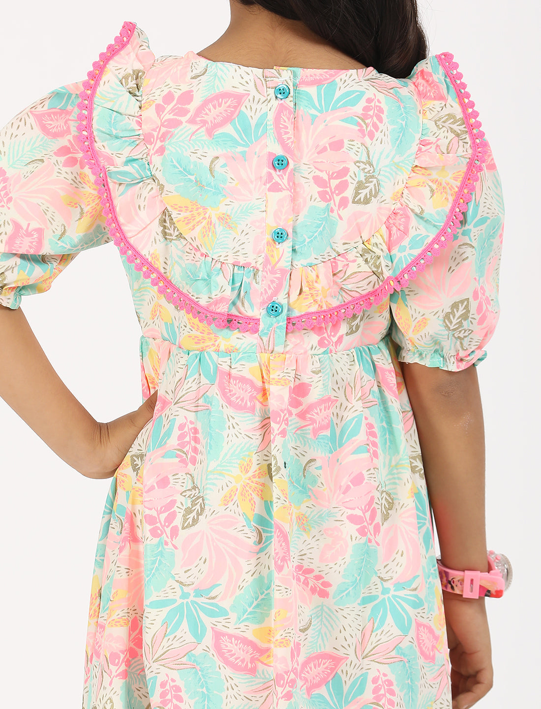 Zion Cotton Puff Sleeves Floral Printed Halfmoon Yoke Dress - Off White