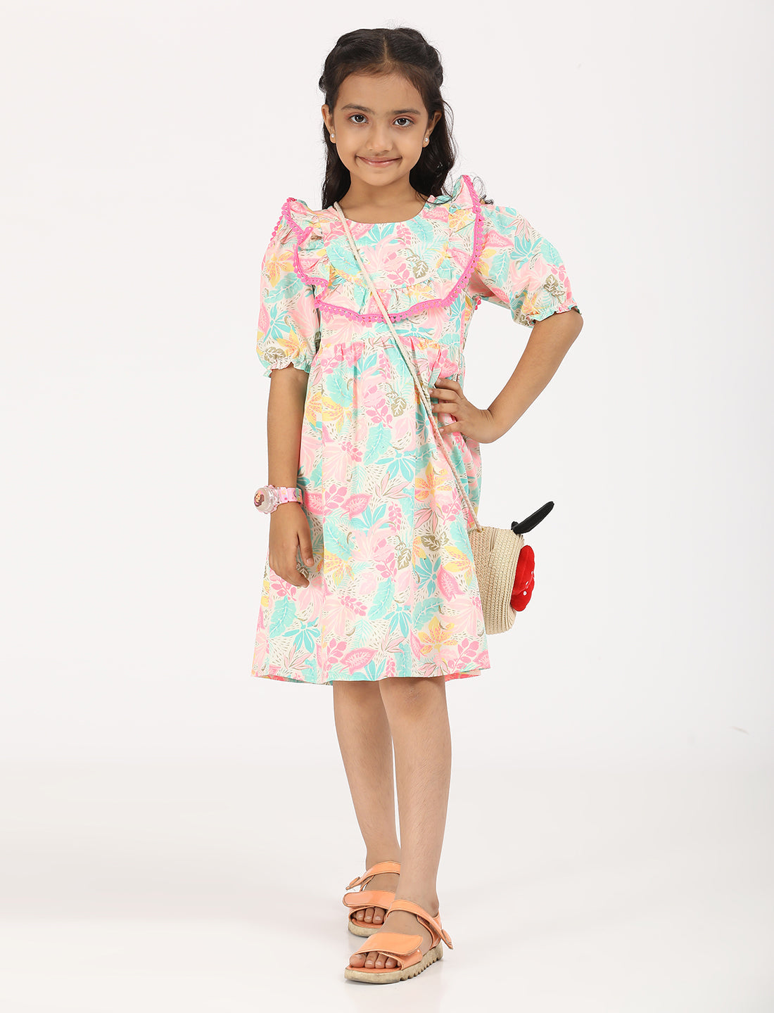 Zion Cotton Puff Sleeves Floral Printed Halfmoon Yoke Dress - Off White