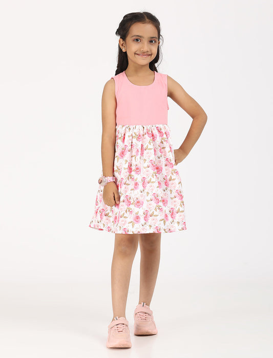 ZION Rayon Poly Printed Fit and Flare Sleeveless Dress - Pink