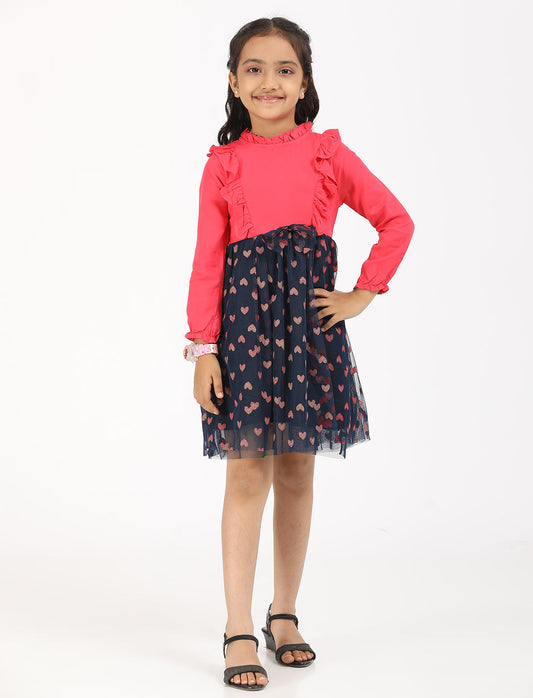 Zion Full Sleeves Party wear Dress with Solid Bodice & Printed Bottom Fit and Flare - Fuchsia