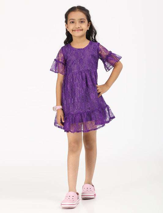 Zion Floral Lace Bell sleeves Fit and Flaer Dress - Purple