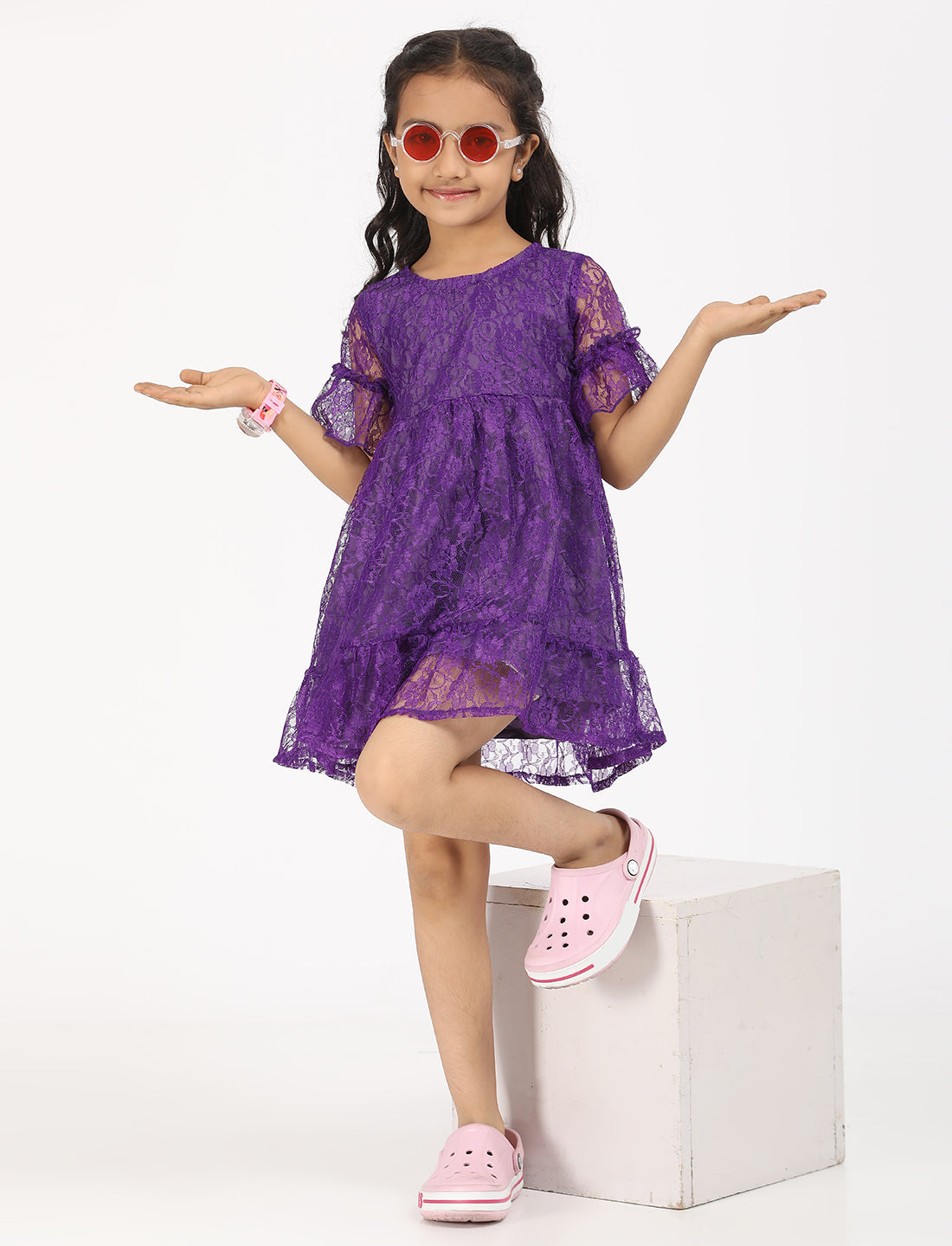 Zion Floral Lace Bell sleeves Fit and Flaer Dress - Purple