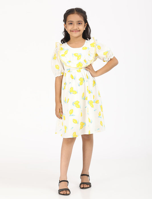 Zion Cotton Puff Sleeves Tropical Printed Halfmoon Yoke Dress - Yellow