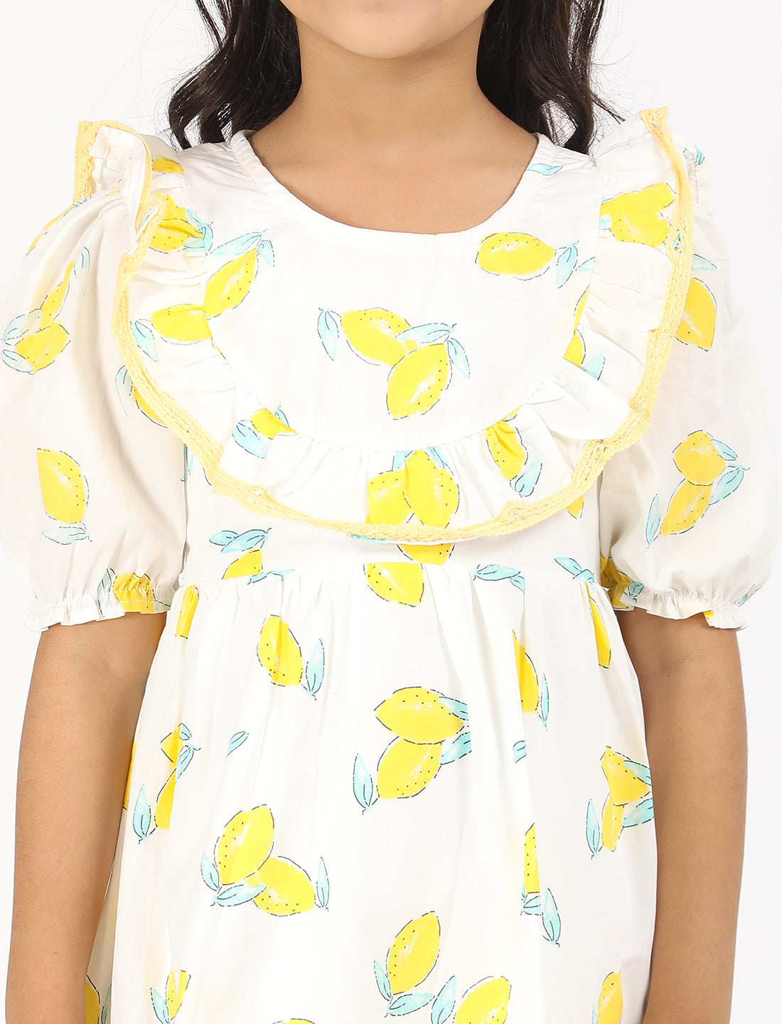 Zion Cotton Puff Sleeves Tropical Printed Halfmoon Yoke Dress - Yellow
