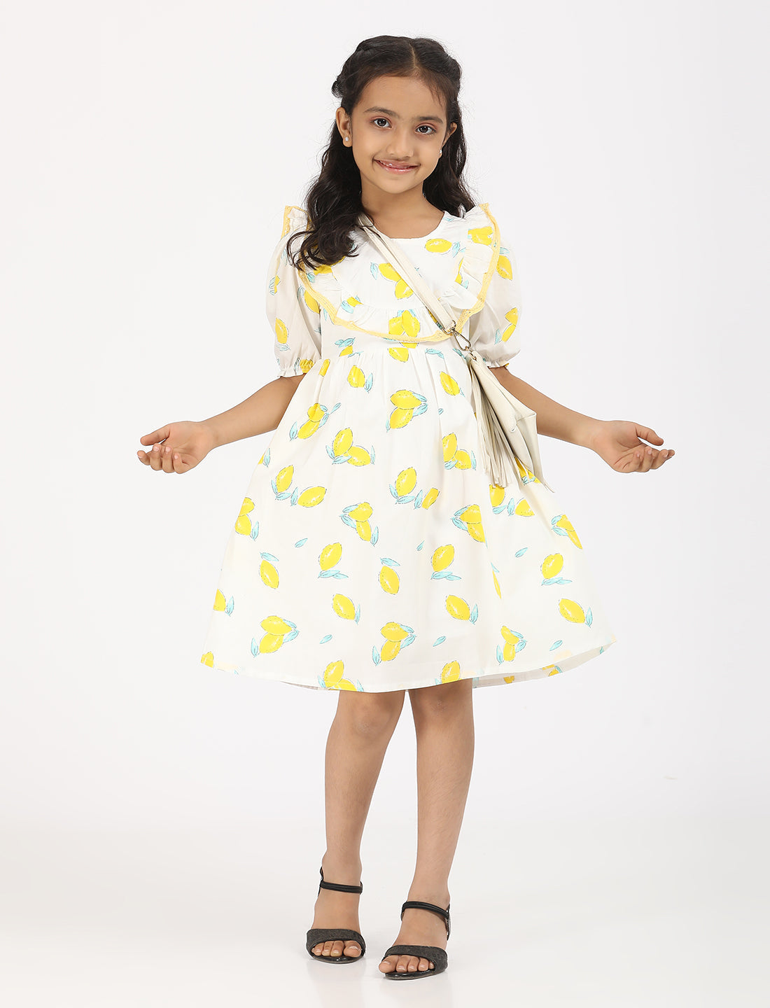 Zion Cotton Puff Sleeves Tropical Printed Halfmoon Yoke Dress - Yellow