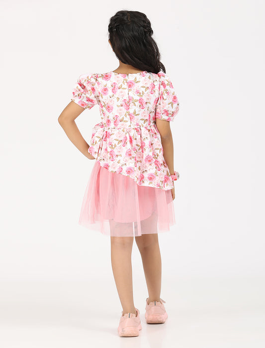 Zion Satin with High Low Waist and Flared Mesh bottom Half Sleeves Party wear Dress - Lt Pink