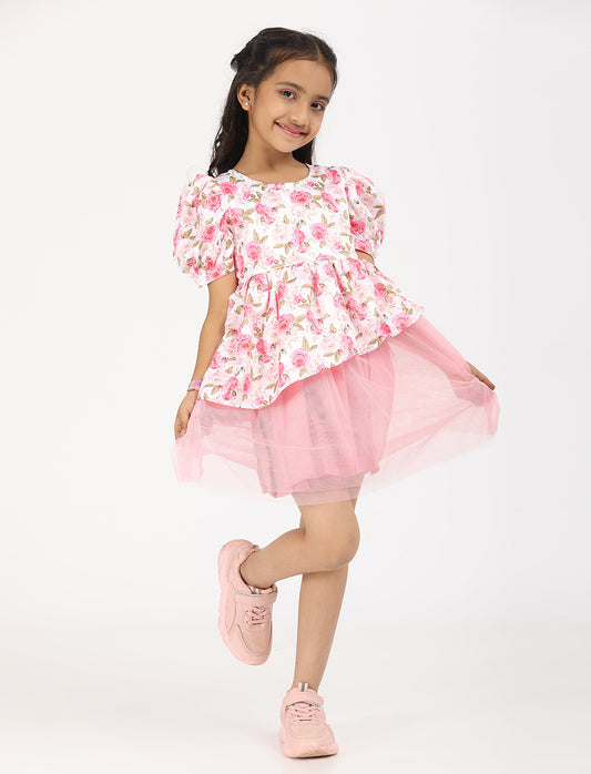 Zion Satin with High Low Waist and Flared Mesh bottom Half Sleeves Party wear Dress - Lt Pink
