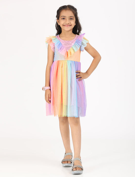 Zion Mesh Cap Sleeves Rainbow printed Sequence Bodice Party wear Dress - Multi
