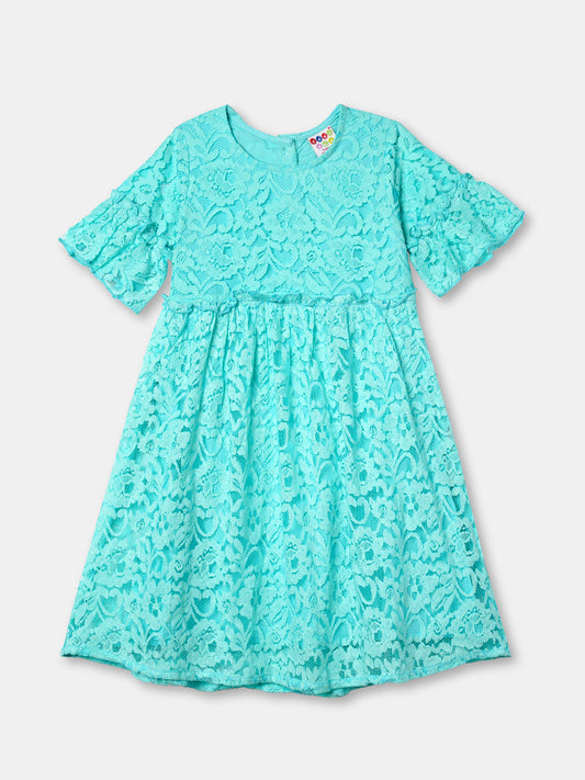Zion Girls Lace Dress with Bell Sleeves & Ruffles - Aqua