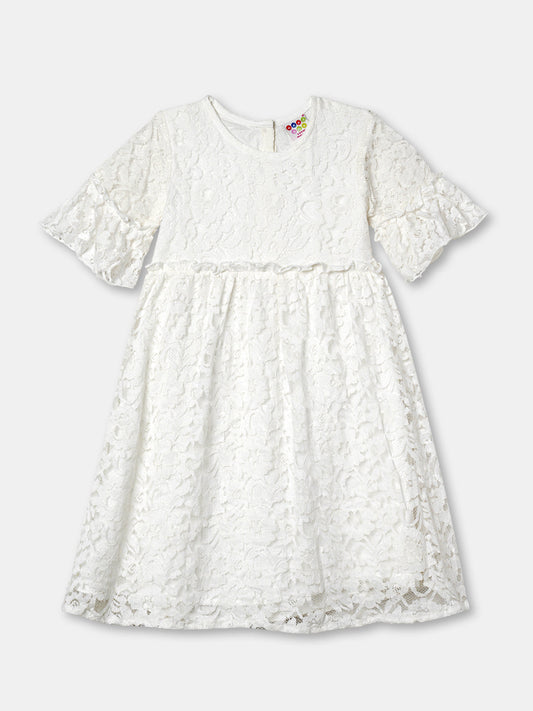 Zion Girls Lace Dress with Bell Sleeves & Ruffles - White