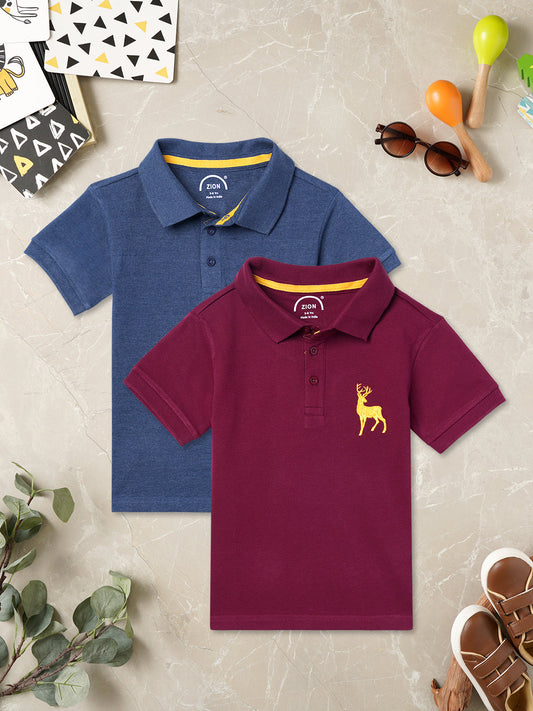 Zion Boys Pique Polo T-shirt with Deer Embroidery Pack of 2