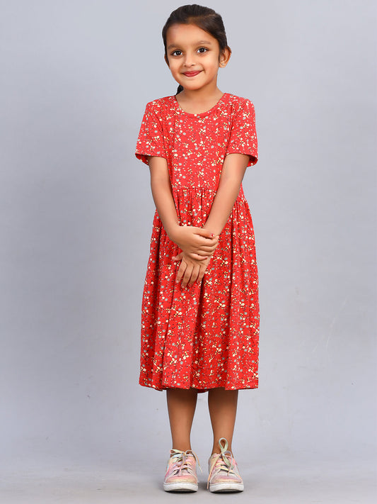 Zion Girls Printed Fit and Flare Dress in Knit - Red