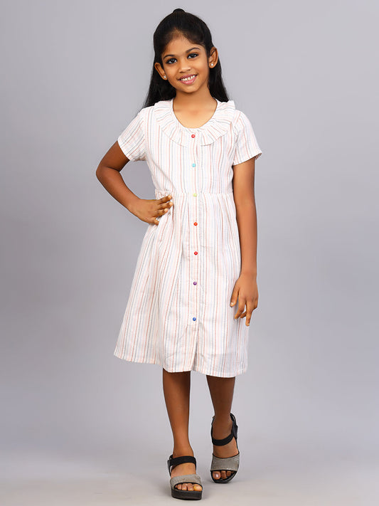 Zion Girls Printed Fit and Flare Dress with Front Placket and Ruffles highlight.-White