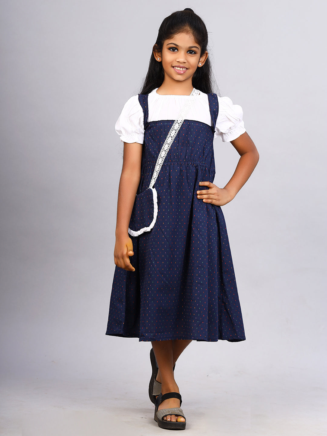 Zion Girls Printed Fit and Flare Dress with pleated bodice & Purse-Navy