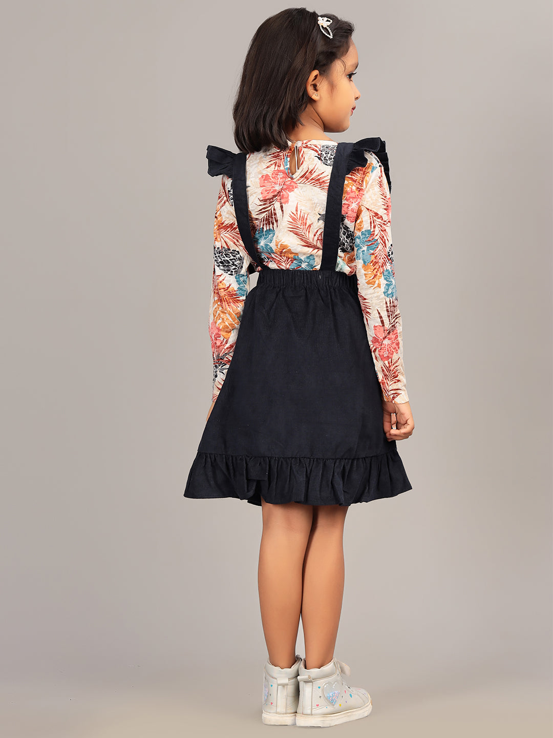 Zion Girls Dungaree Dress with Printed Tshirt & Ruffle Highlights-Navy