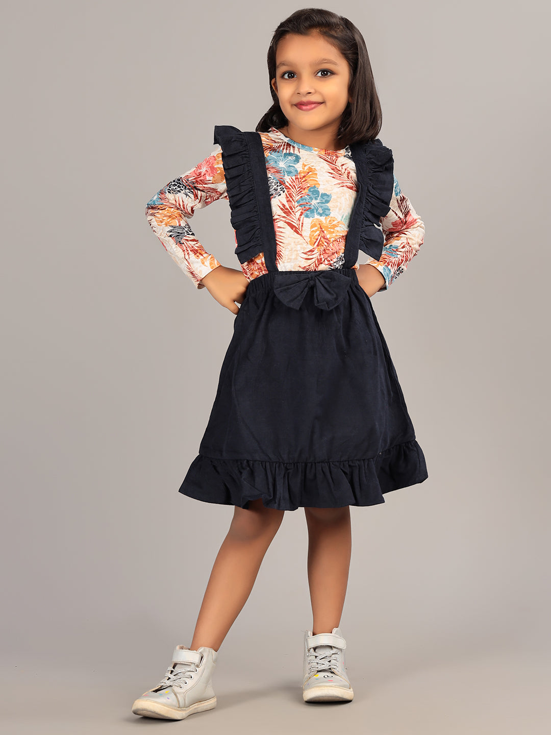 Zion Girls Dungaree Dress with Printed Tshirt & Ruffle Highlights-Navy