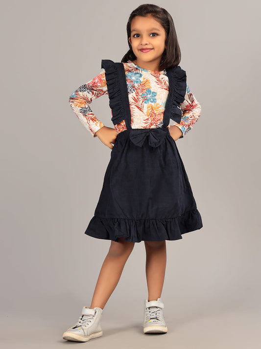 Zion Girls Dungaree Dress with Printed Tshirt & Ruffle Highlights-Navy