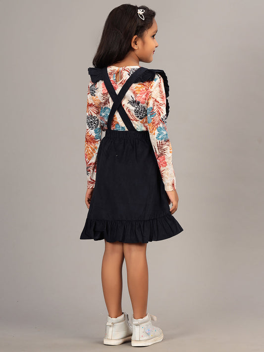 Zion Girls Dungaree Dress with Printed Tshirt & Ruffle Highlights-Navy