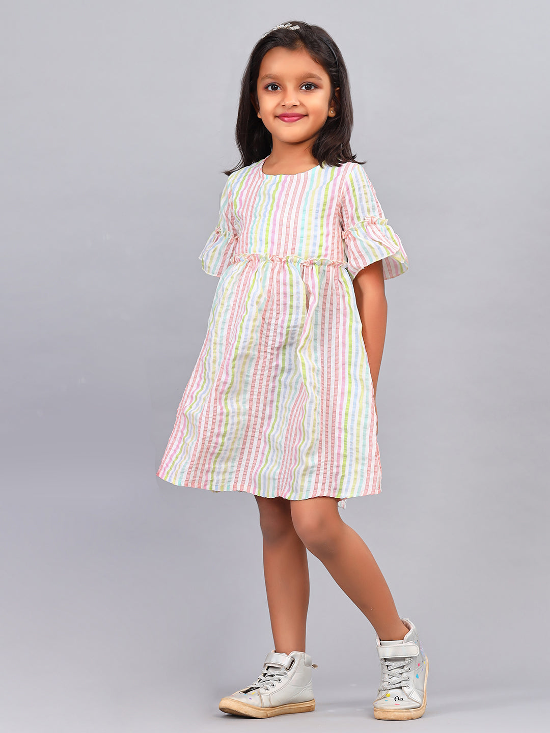 Zion Girls  A line Dress in Seer Sucker Fabric  with Bell sleeves & Ruffle Highlights in waist line-Pink