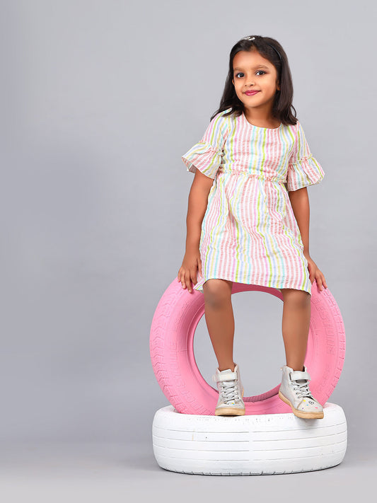 Zion Girls  A line Dress in Seer Sucker Fabric  with Bell sleeves & Ruffle Highlights in waist line-Pink