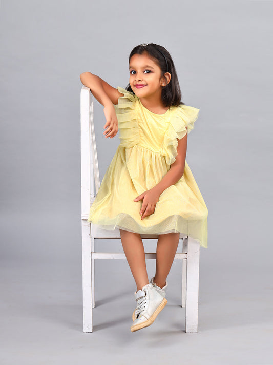 Zion Girls Fit and Flare Dress in Shimmer Mesh & Ruffle Highlights-Yellow