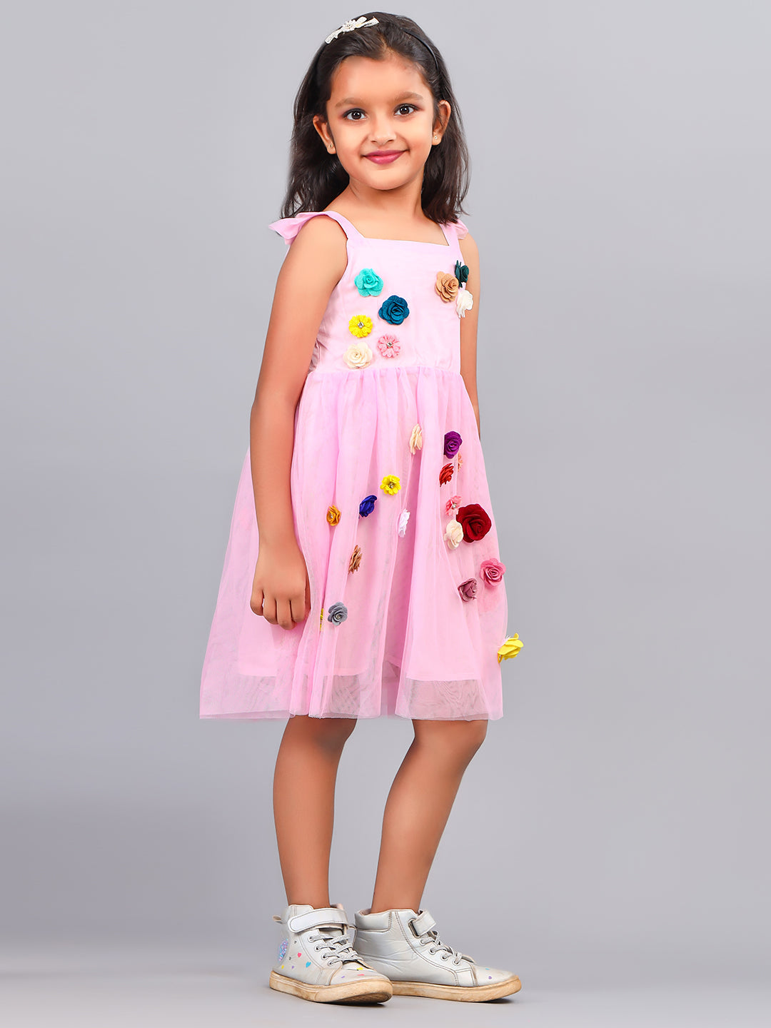 Zion Girls Skater Dress with 3d flower  & Smocking Highlight-Lt Pink