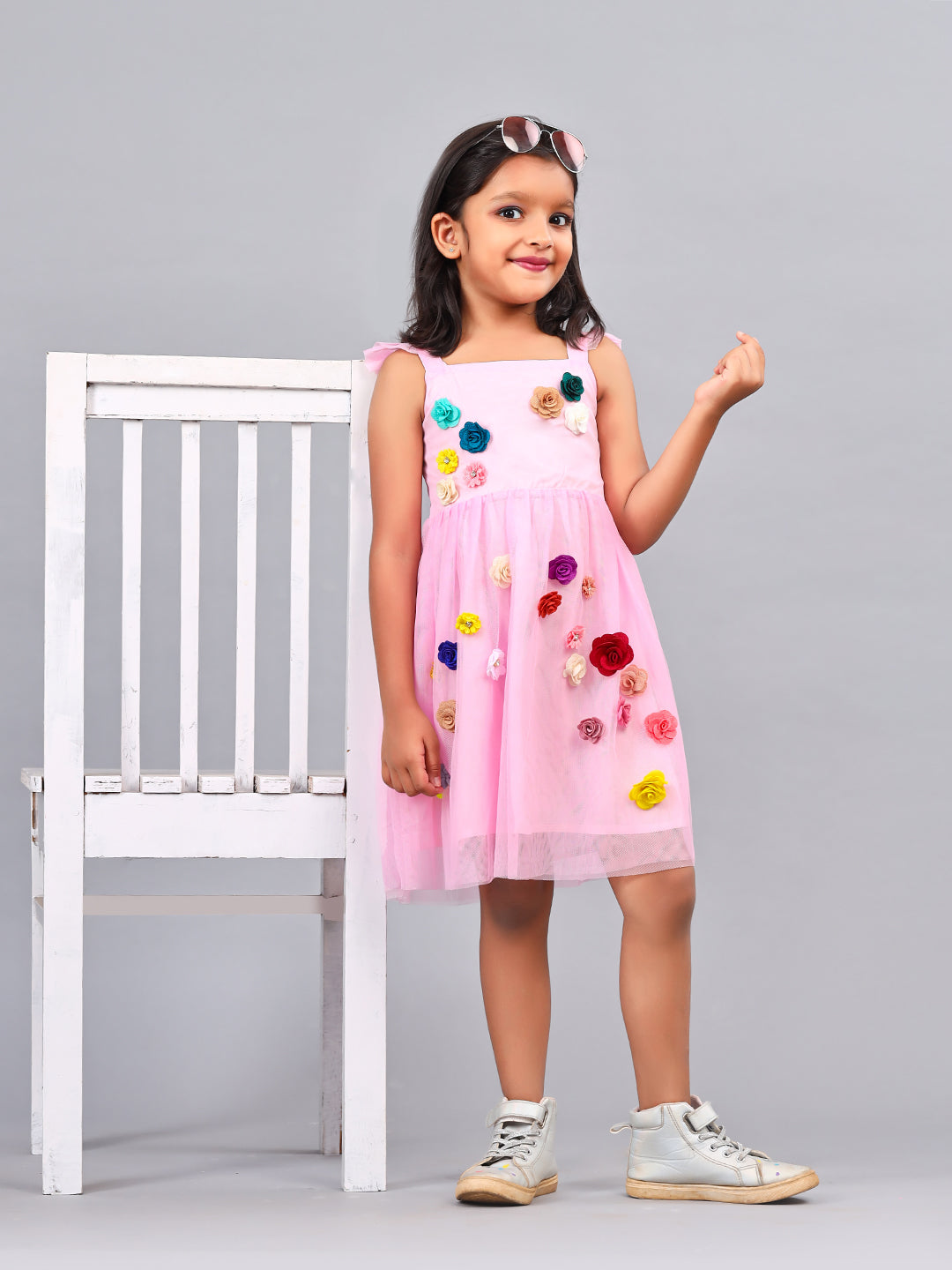 Zion Girls Skater Dress with 3d flower  & Smocking Highlight-Lt Pink