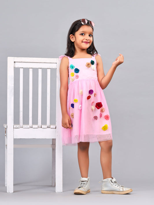 Zion Girls Skater Dress with 3d flower  & Smocking Highlight-Lt Pink