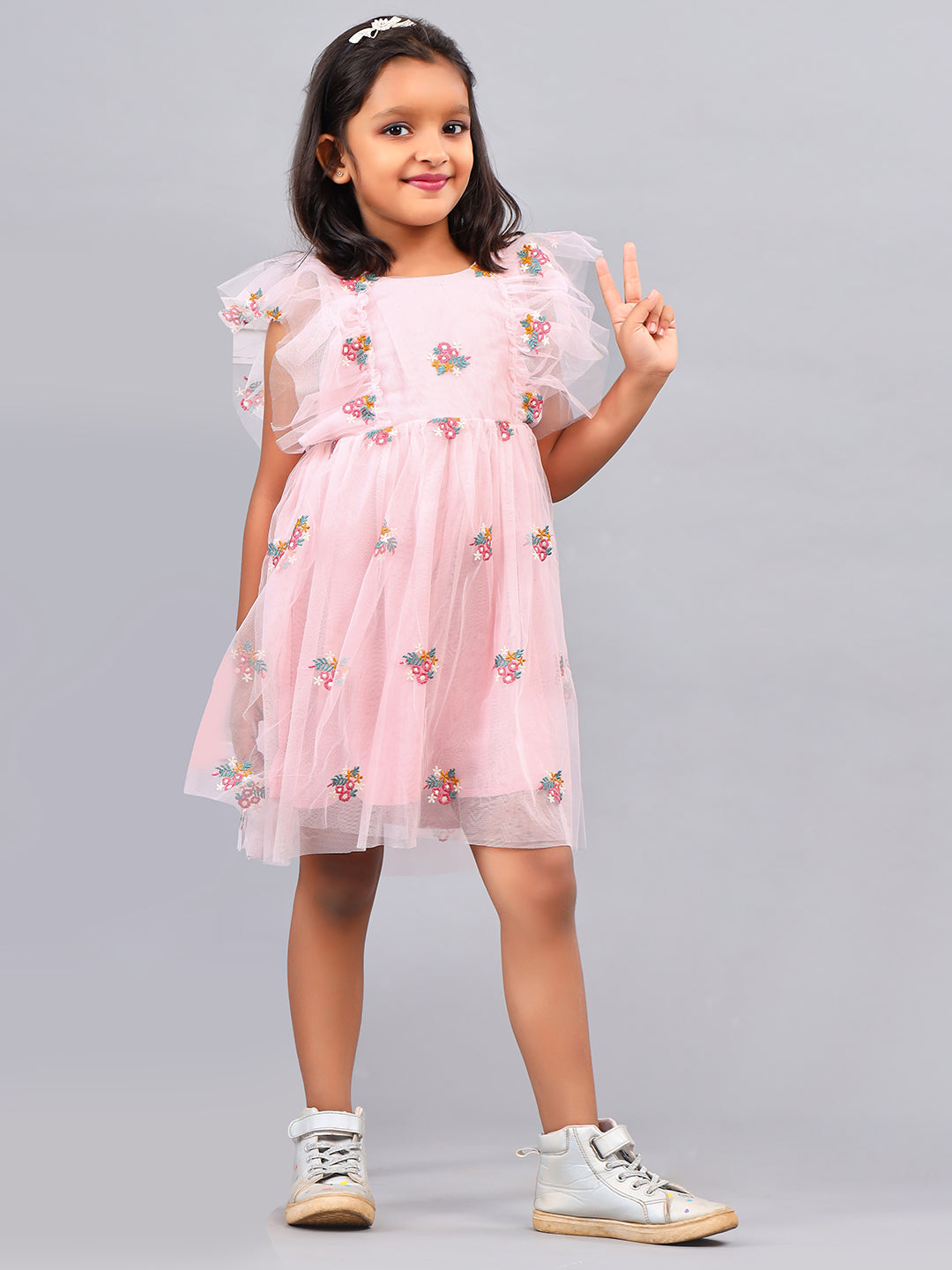 Zion Girls Skater Dress in all over embroidered mesh-Peach
