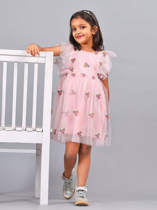 Zion Girls Skater Dress in all over embroidered mesh-Peach