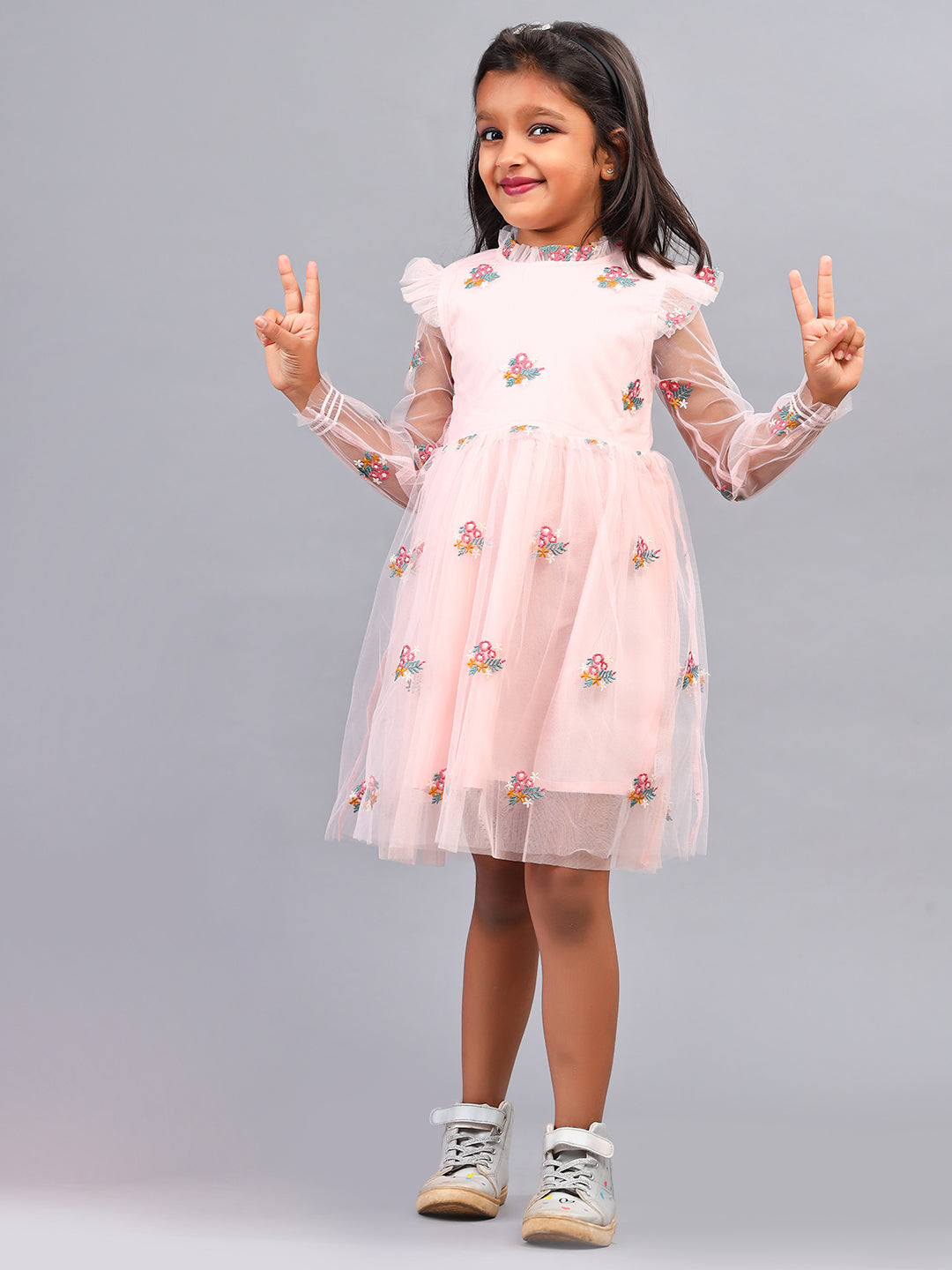 Zion Girls All Over Emboidered Flared Dress with Ruffled Neck-Peach