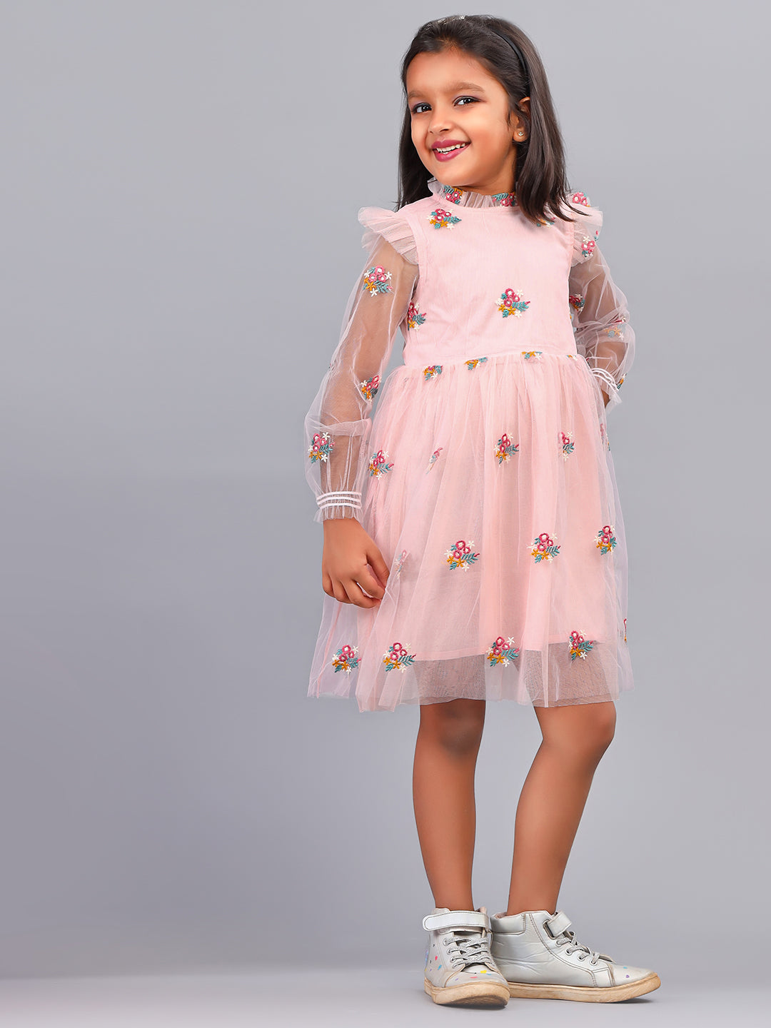 Zion Girls All Over Emboidered Flared Dress with Ruffled Neck-Peach