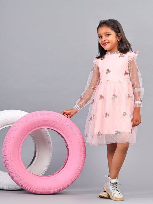 Zion Girls All Over Emboidered Flared Dress with Ruffled Neck-Peach