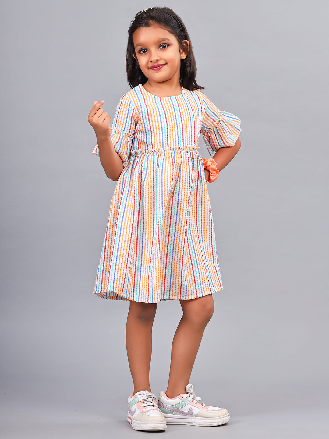 Zion Girls  A line Dress in Seer Sucker Fabric  with Bell sleeves & Ruffle Highlights in waist line-Mustard