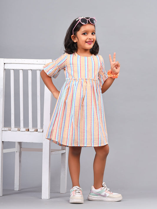 Zion Girls  A line Dress in Seer Sucker Fabric  with Bell sleeves & Ruffle Highlights in waist line-Mustard