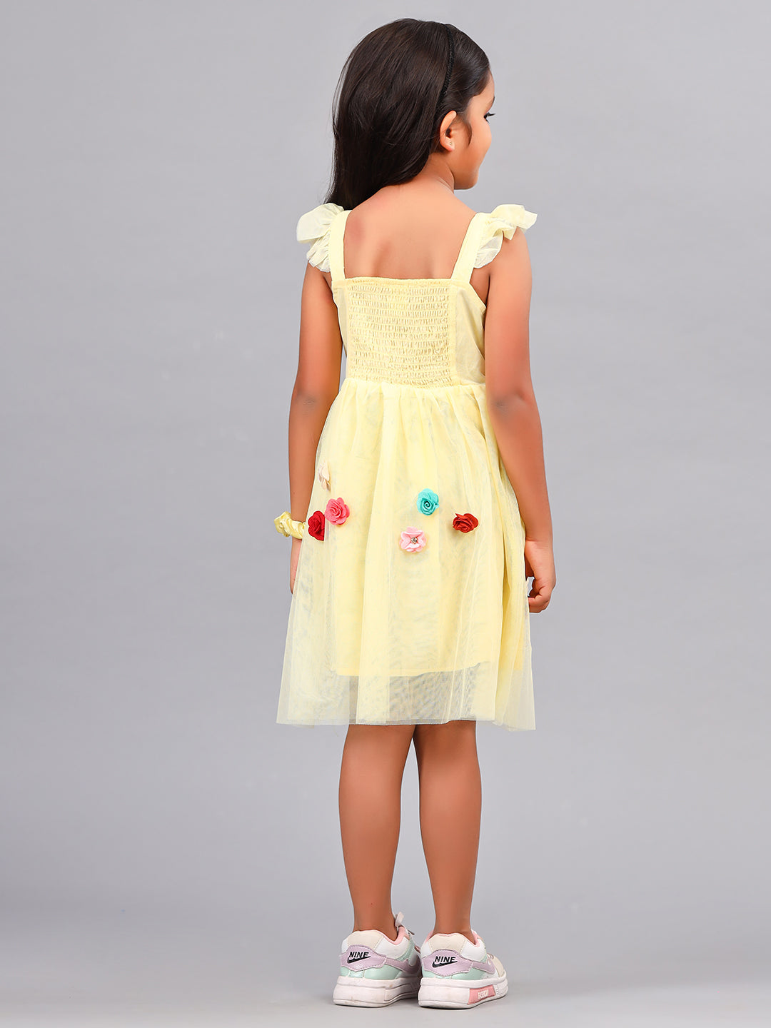 Zion Girls Skater Dress with 3d flower  & Smocking Highlight-Yellow